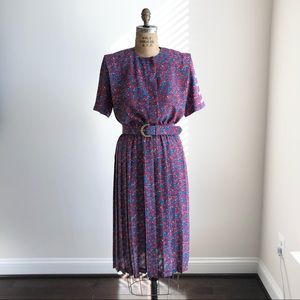 Vintage Leslie Fay Multicolored Floral MIDI Dress with Matching Belt